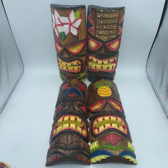 Set 4 Vintage Wooden Tiki Hut Hand Carved Polynesian Style Wall Masks Bar Decor - Picture 2 of 7